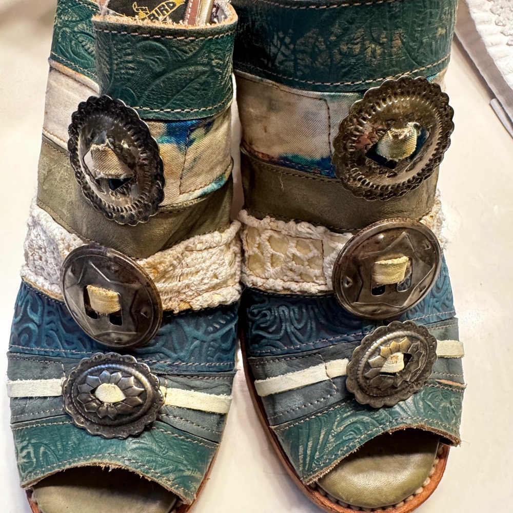 freebird Teal and Olive Embossed Leather Boho Open-Toe Mules
